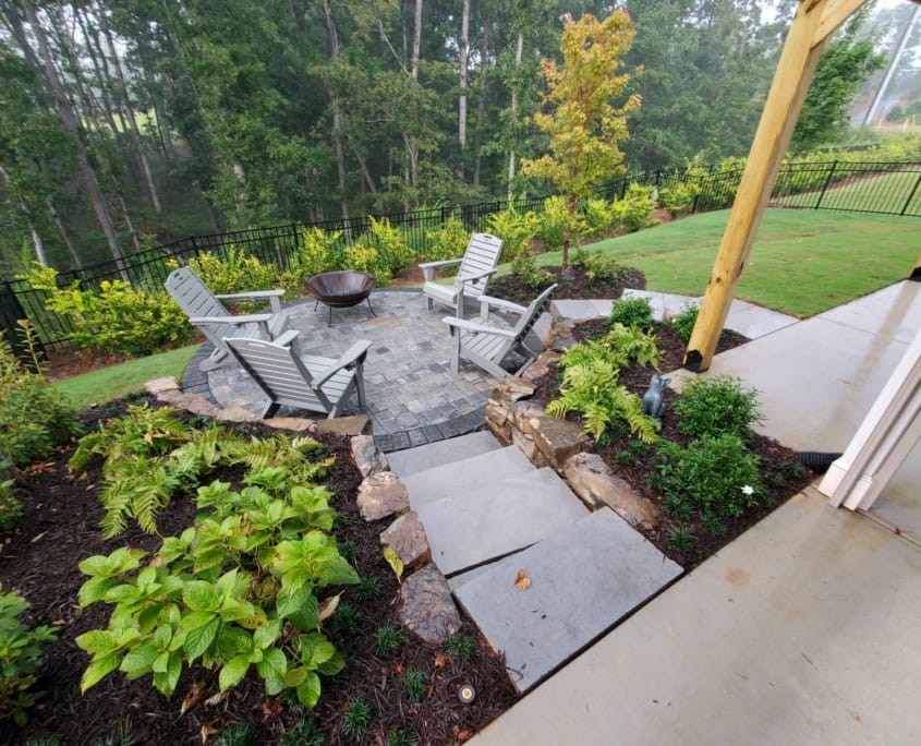 planting and steps leading to patio