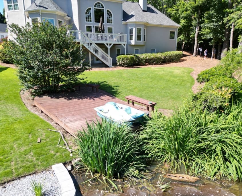 lakeside deck with paddle boat